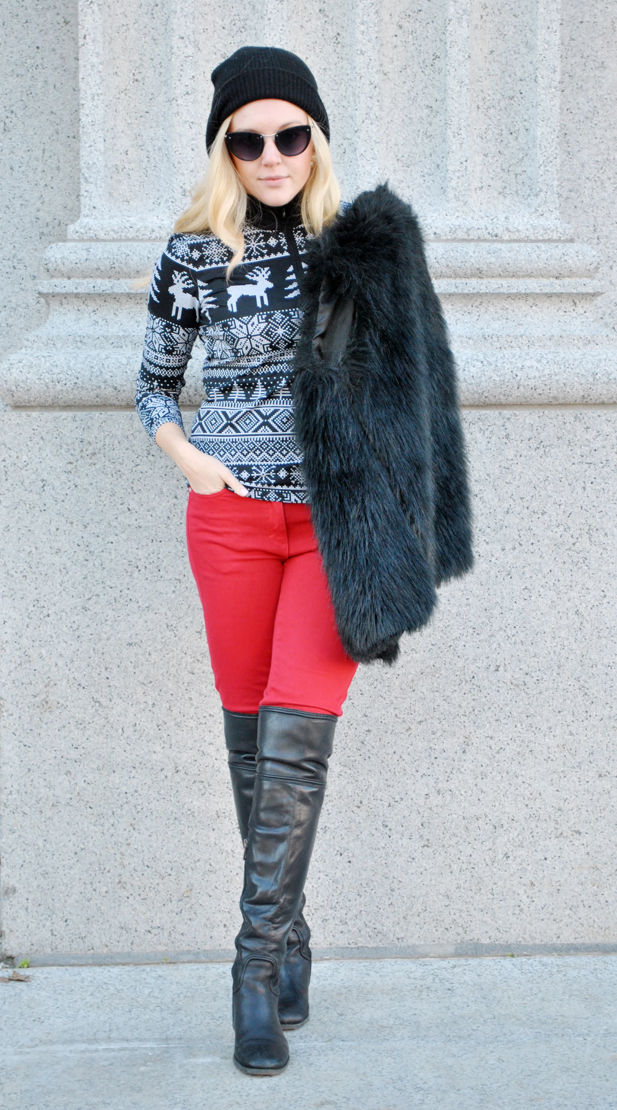 thoughtfulwish | fair isle, j.mclaughlin, faux fur, fur vest, winter fashion, boston fashion, new england fashion