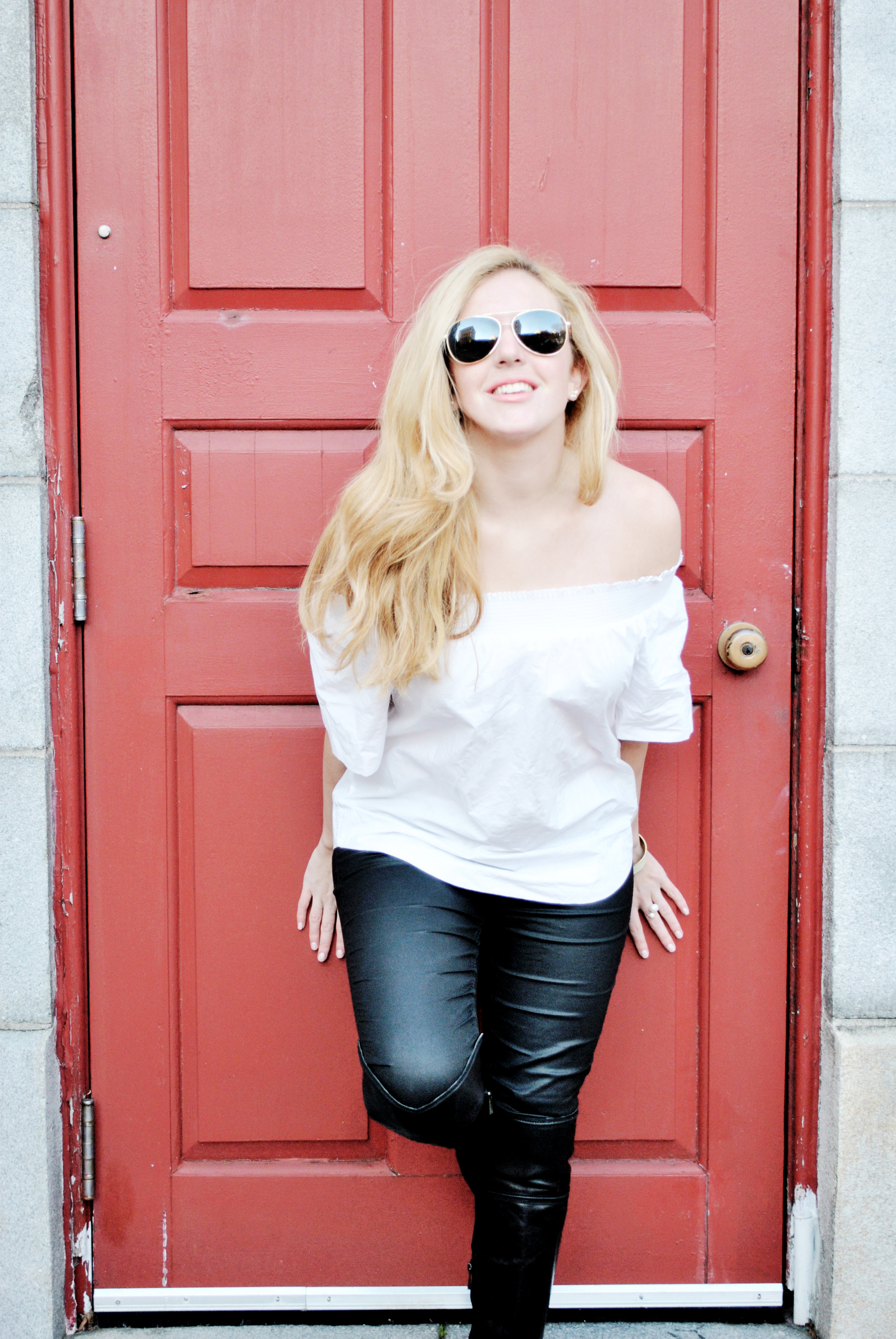 thoughtfulwish | jcrew, black and white outfit, harvard square, cambridge, boston, leather leggings, over the knee boots, fashion blogger, fblog, meredith wish