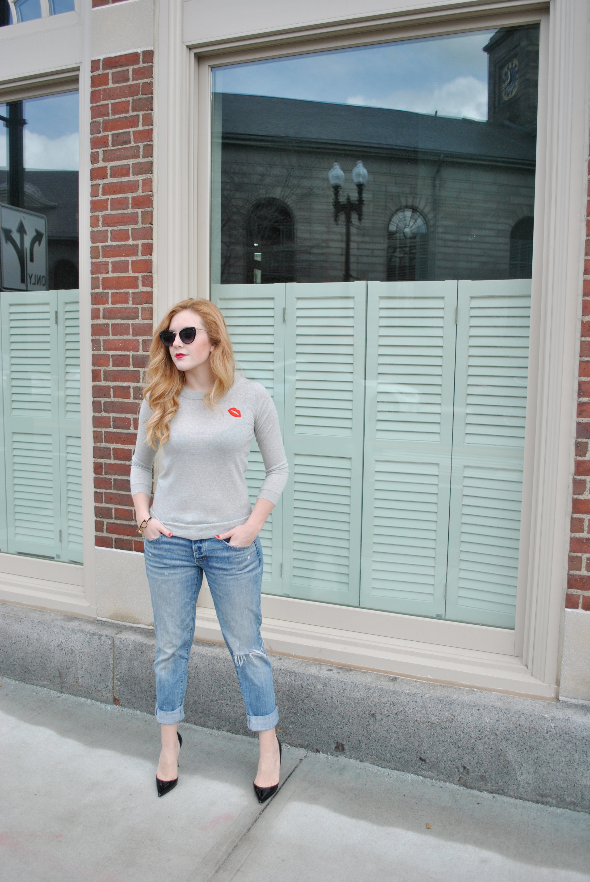 thoughtfulwish | j.crew, boyfriend jeans, lip patch, spring outfit, christian louboutin, louboutins, new england fashion, boston fashion, bosfashion