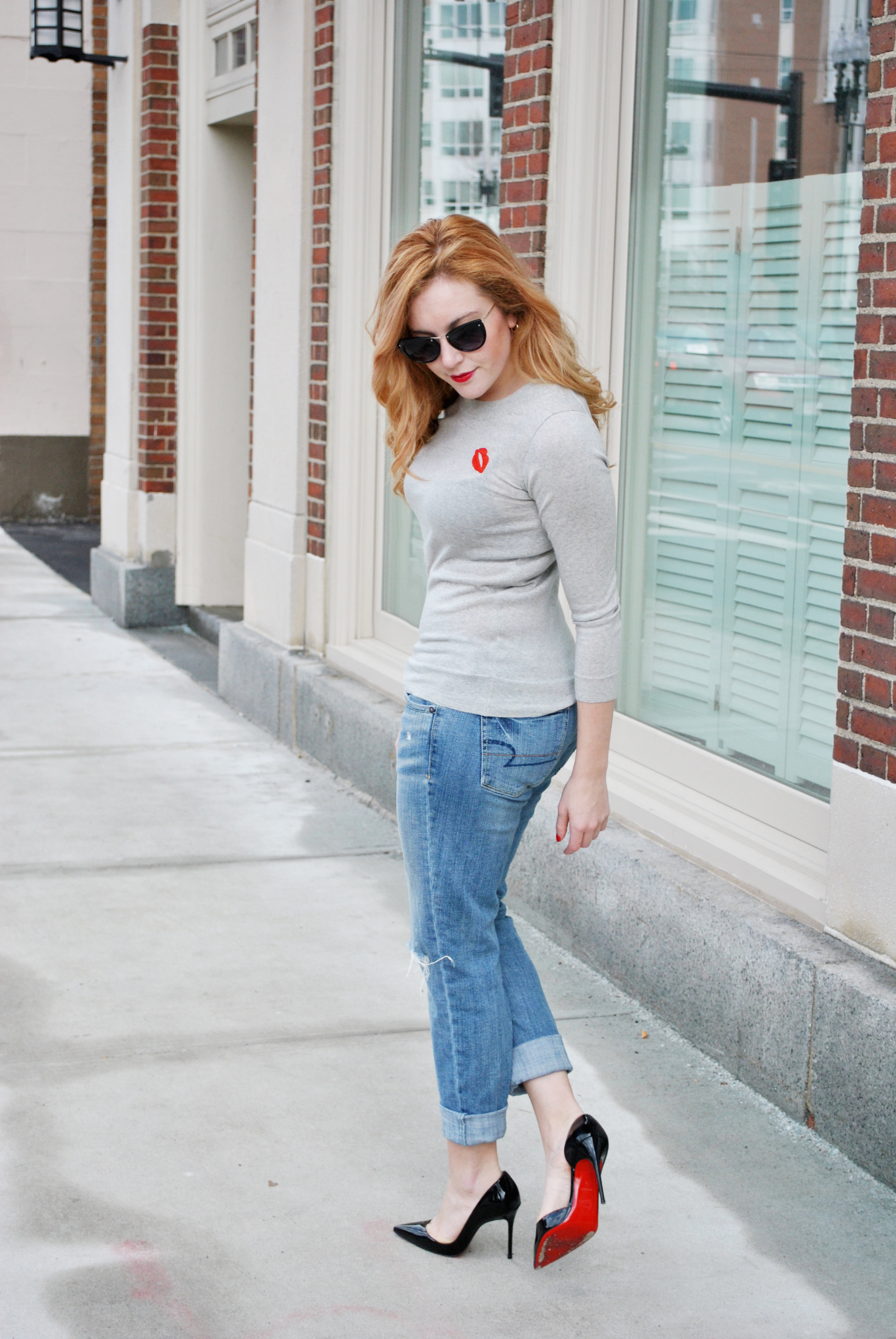 thoughtfulwish | j.crew, boyfriend jeans, lip patch, spring outfit, christian louboutin, louboutins, new england fashion, boston fashion, bosfashion