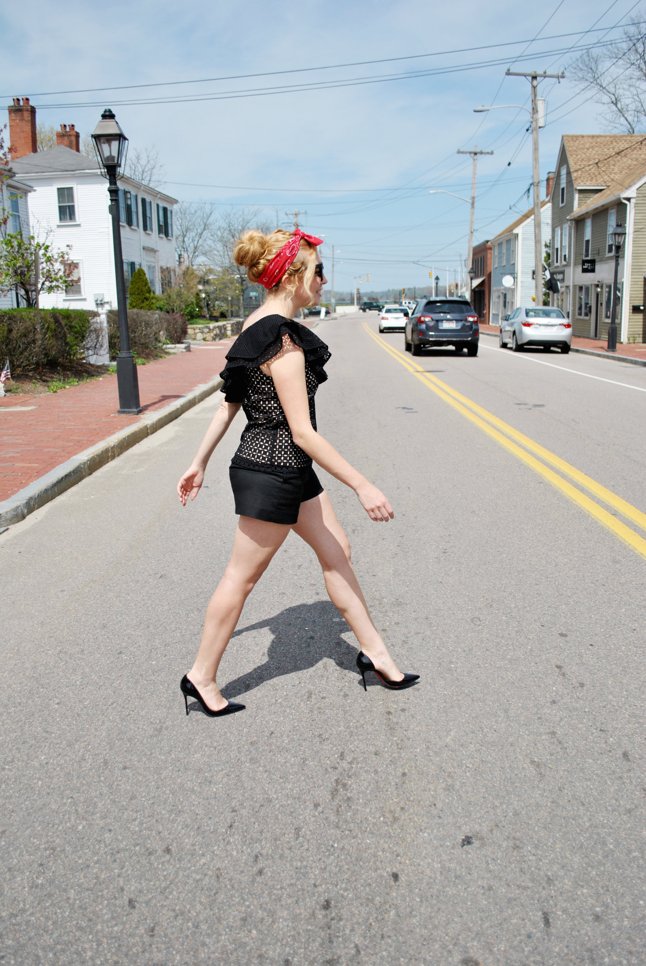 thoughtfulwish | black summer outfit, ruffles, j.crew, nordstrom, bandana, louboutin, summer look, shorts, quay, meredith wish