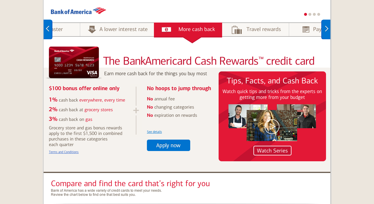 Cash Back Card Landing page