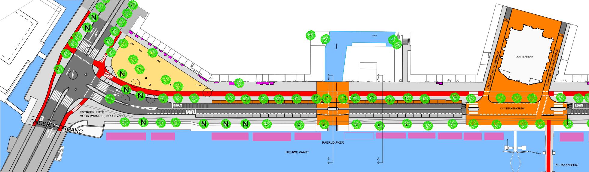Variant 2 (stadsdeel) borduurt voort op het Masterplan: de kruising Kattenburgerplein wordt verlegd richting huizen, opheffing ventweg, tweerichting fietspad aan de huizenkant, opheffing fietspad aan de waterkant, geen stoplichten en opstelvakken meer bij de Oosterkerk, rammelstroken 1 m breed tussen de rijstroken en 0,50 m langs de parkeerplaatsen. Informeel fietspad 1 m. breed slingert over het voetpad aan de waterzijde.