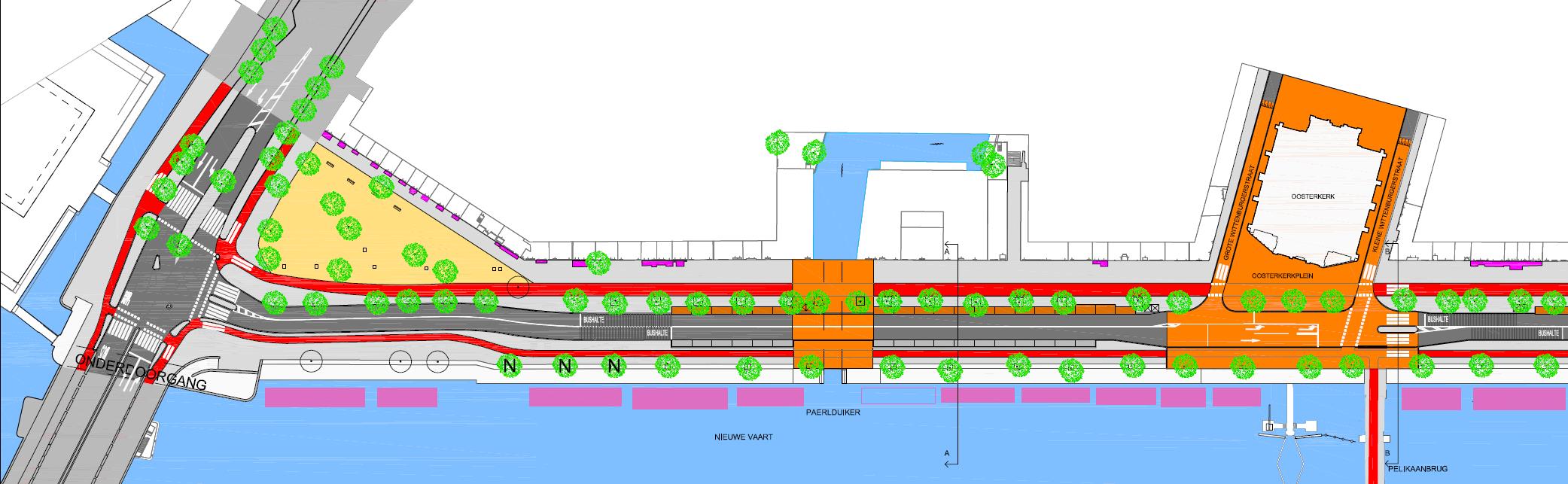 Variant 1 (Eilandenoverleg) met volwaardig fietspad langs het water, handhaving Kattenburgerplein en bomen, voorsorteerstrook minder, handhaving stoplichten en opstelvakken bij Oosterkerk.