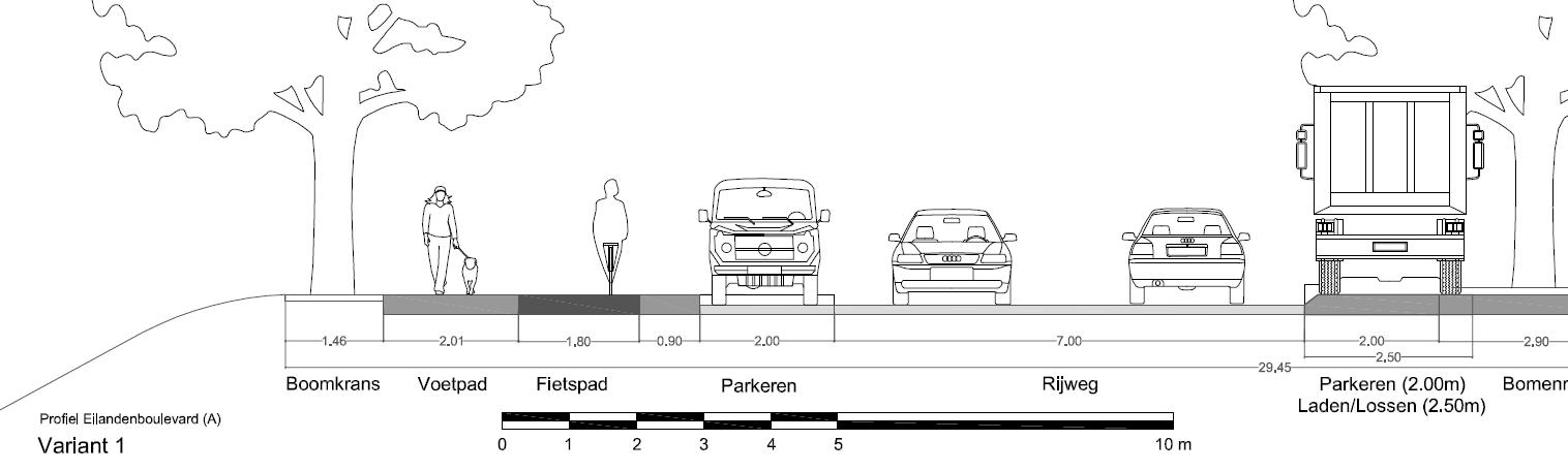 Dwarsprofiel variant 1 (Eilandenoverleg) met fietspad langs het water. Fietspad en voetpad langs de gevel zijn hetzelfde als in variant 2 hierboven.