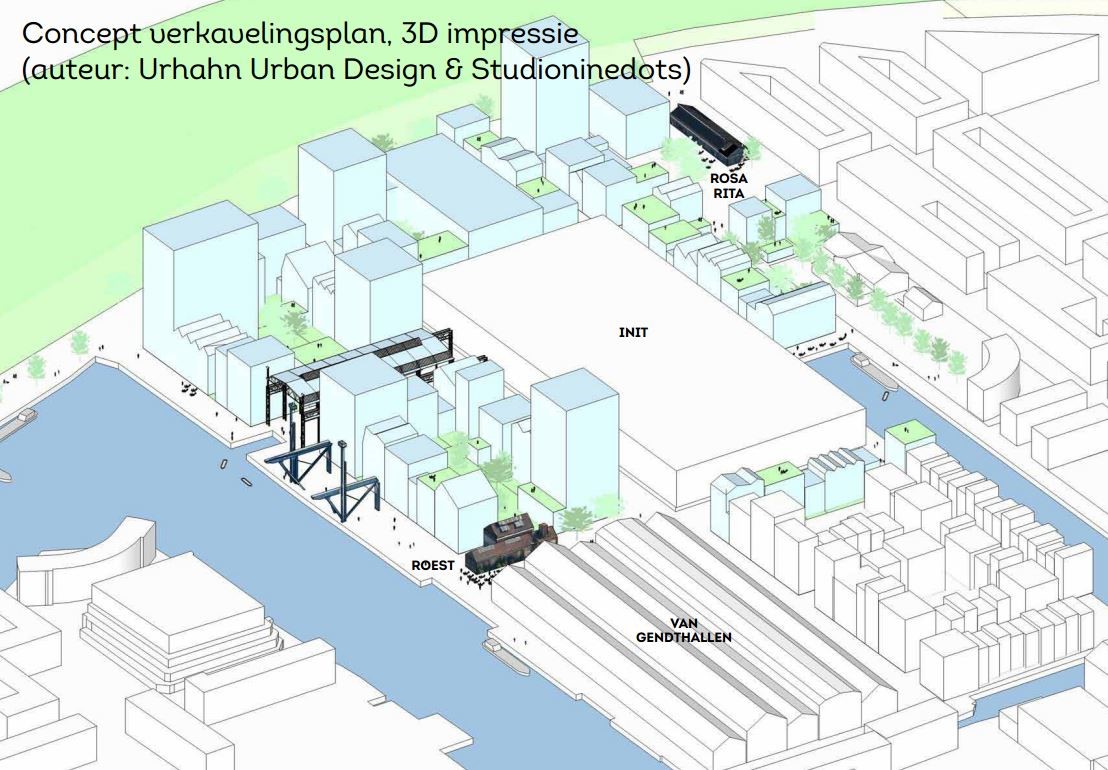 Artists impression van een mogelijke invulling van het bestemmingsplan Stadswerf Oostenburg versie maart 2016. De Buurtwerkgroep Oostenburg-Noord van het Eilandenoverleg pleit voor openbare oevers langs de Oostenburgervaart en Oostenburgerdwarsvaart en verlaging van de woontoren aan de Bontiusplaats.