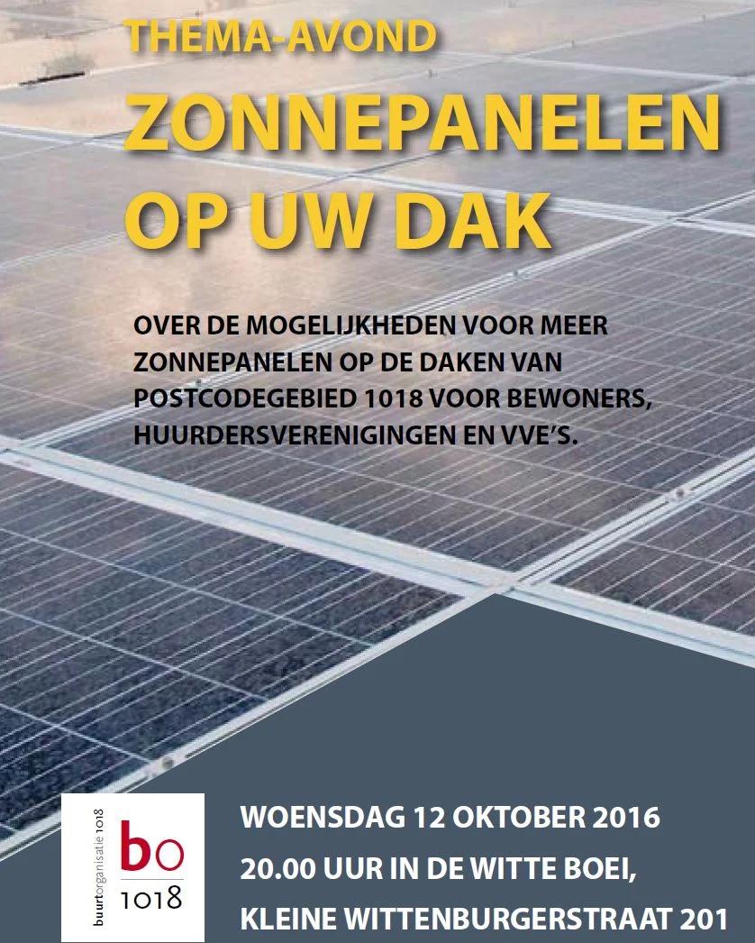 12 oktober 20:00 u Thema-avond 'Zonnepanelen op uw dak' voor huurders en VVE's in 1018