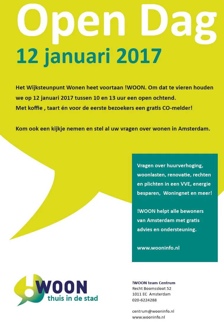12 januari 10-13 u Open Dag !WOON (v/h Wijksteunpunt Wonen) in de Boomsspijker
