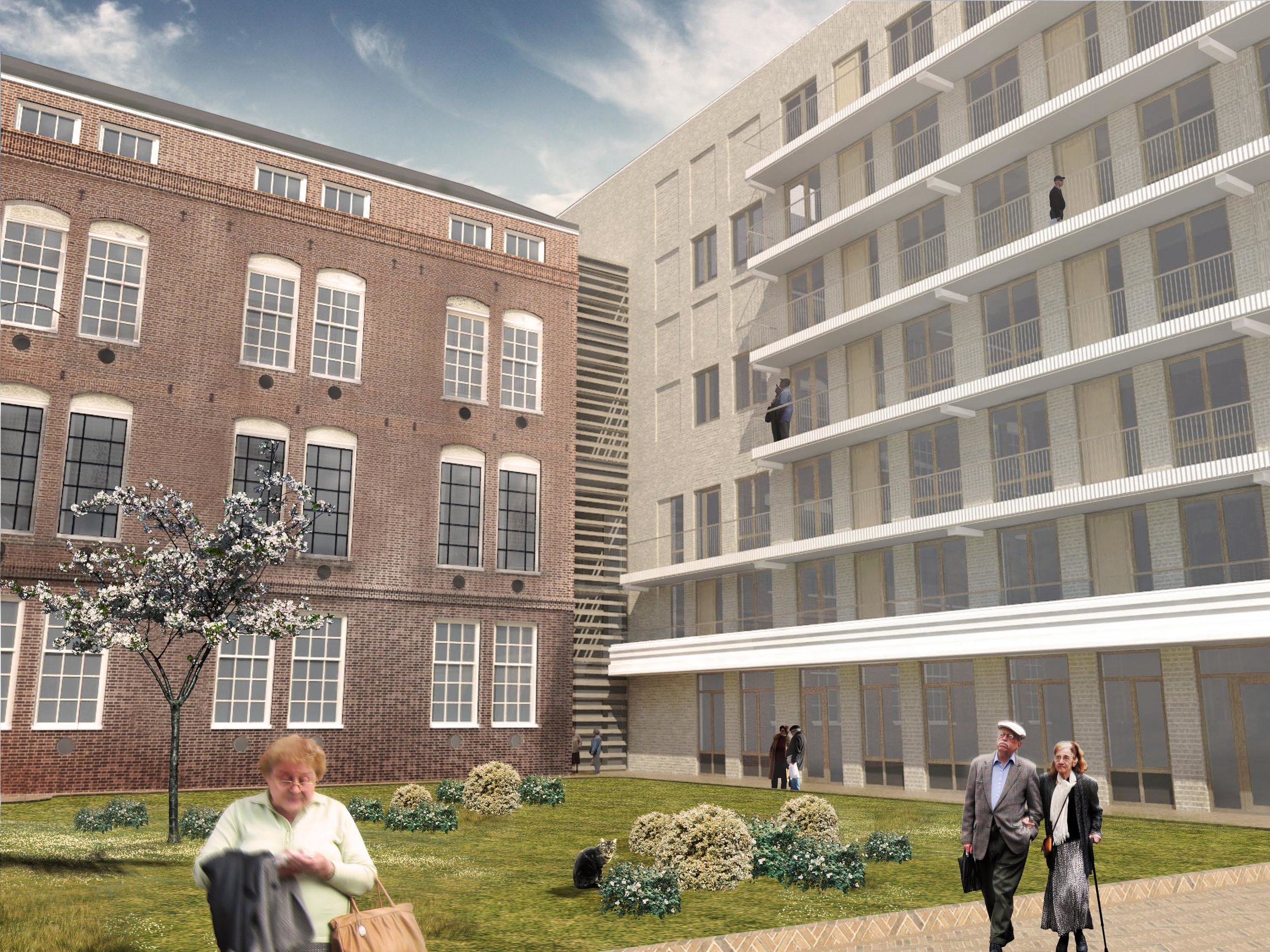 Nieuwbouw Sint Jacob: binnenterrein met te behouden monument