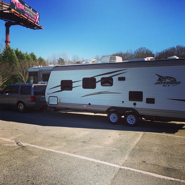 Just bought our first travel trailer. @jaycorv #jayflight26bh Taking her to the lake for the weekend to break her in. #trekparents #lakelanier #camper #camperlife