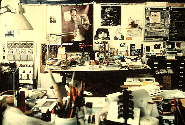 I think artists inherantly collect and clutter (but also organize!) This photograph of the studio of Ray Eames is a great example.