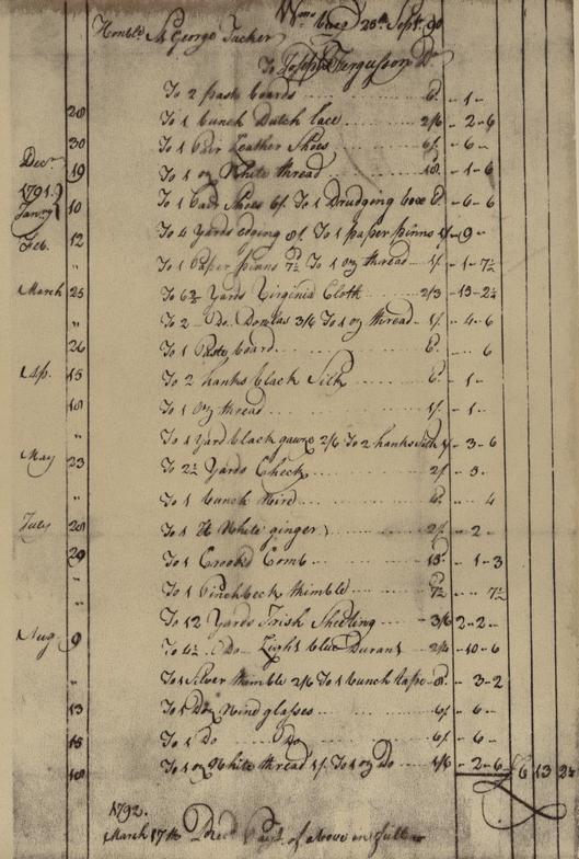 Inventory from 1792, including 1 pair leather shoes, 1 yard black gauze, 1 oz white thread, and a thimble.