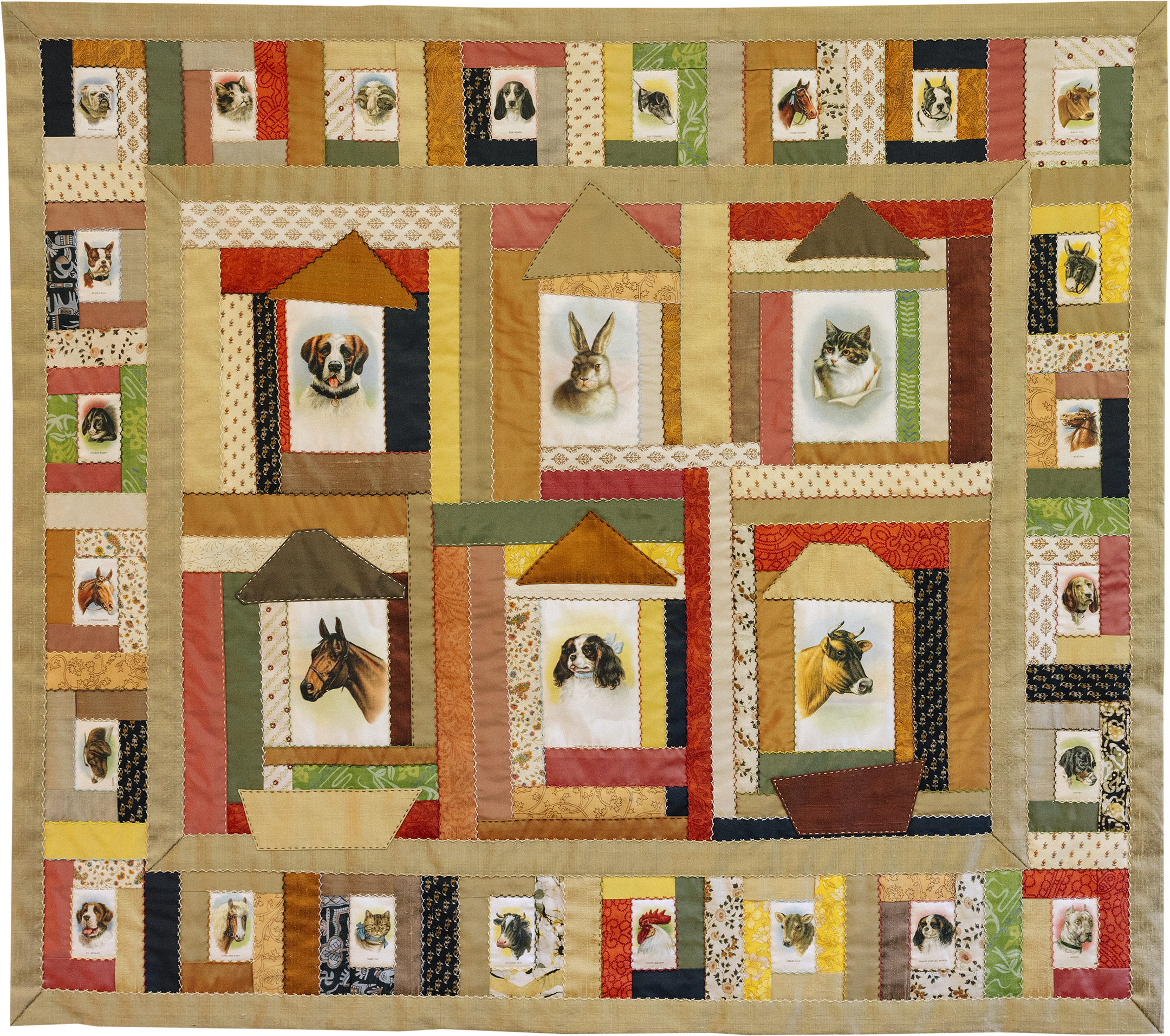 domestic animals silks in two sizes framed in blocks of colorful silk