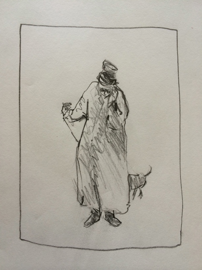   "Lady Walking Her Dog and Her Phone:  Graphite 9X12 