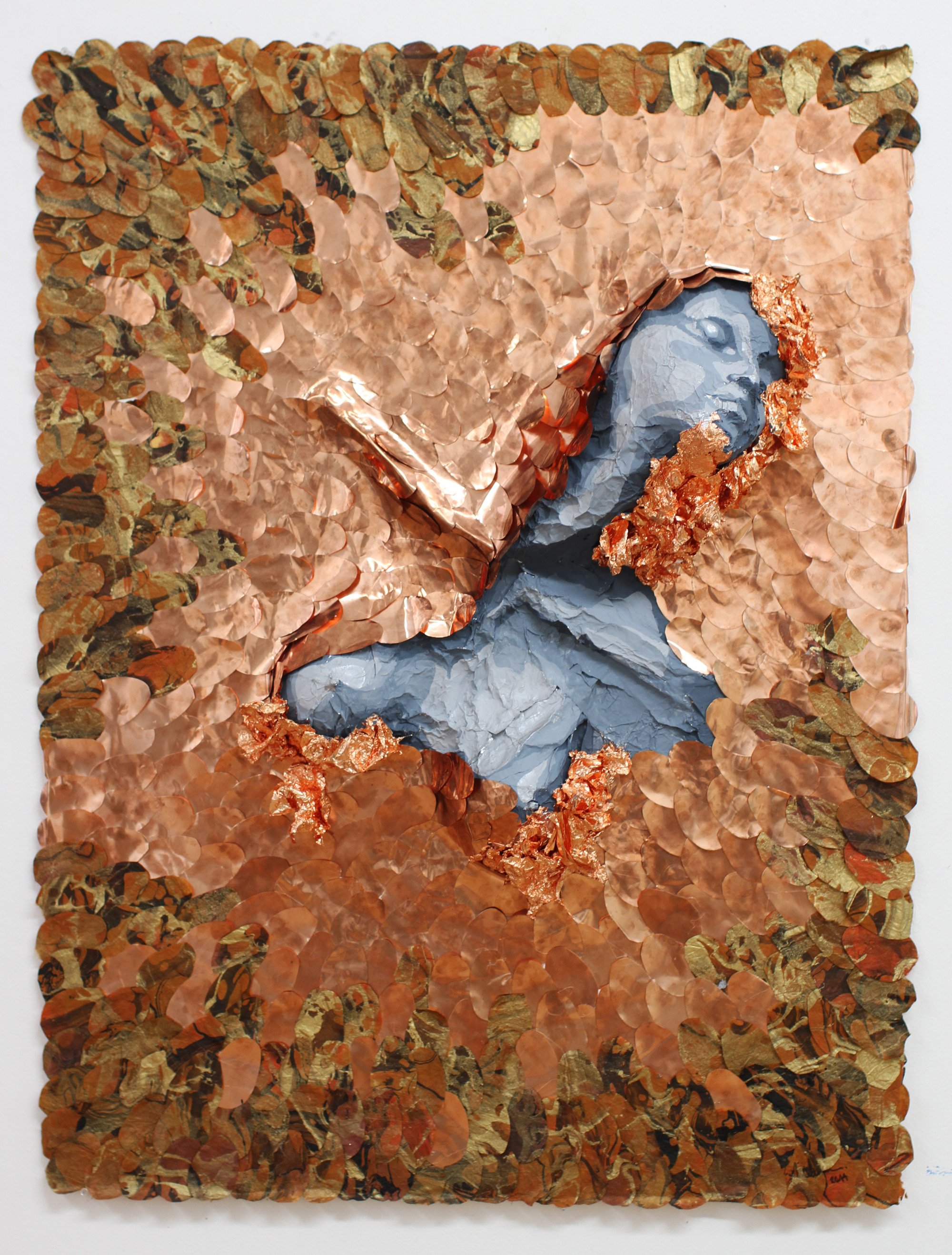 self-portrait painting in three-dimensions paper mache, copper foil, and acrylic