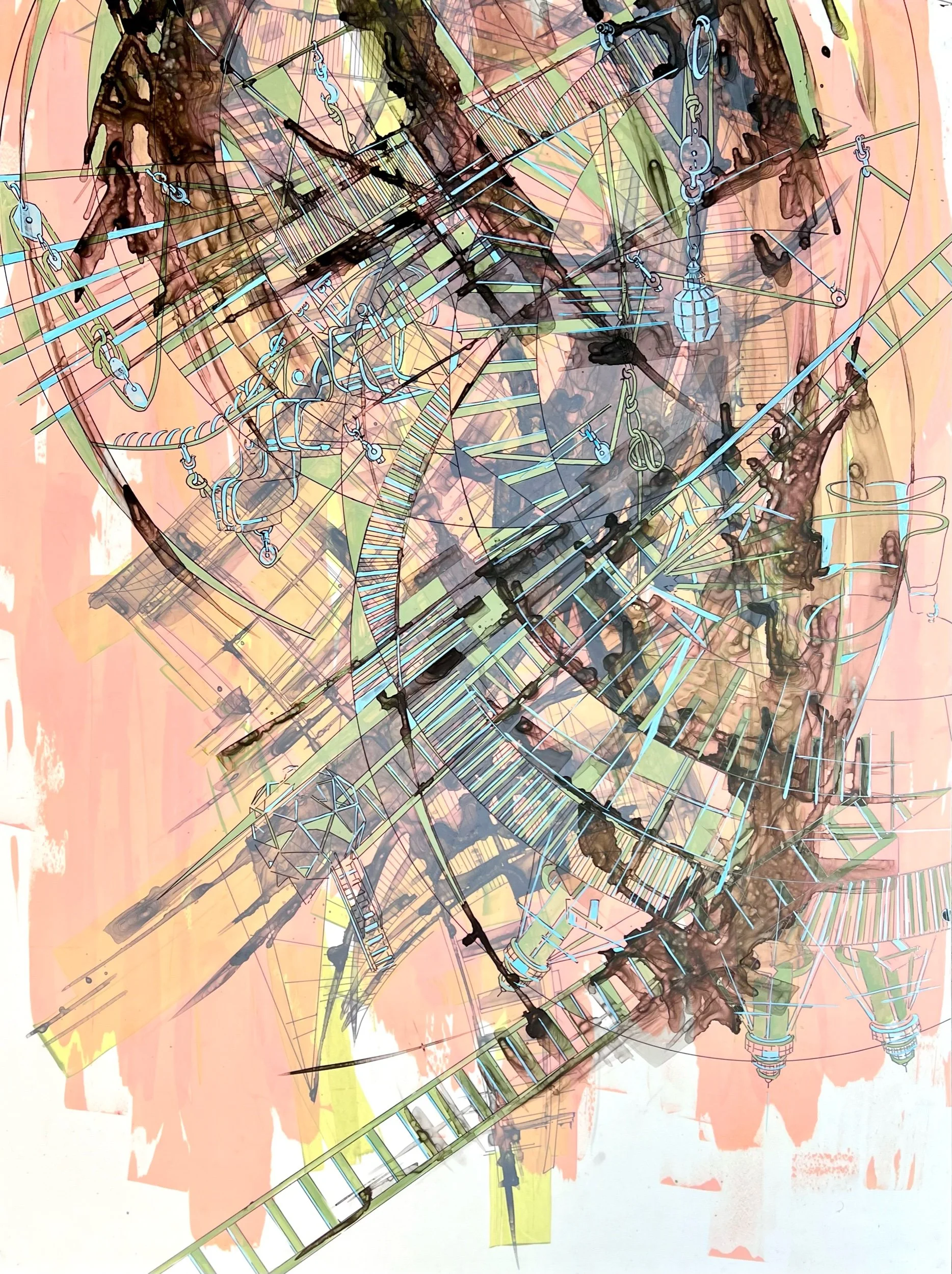 Iron Horses, 2024, Acrylic and Ink on Mylar and Panel, 40” x 30”