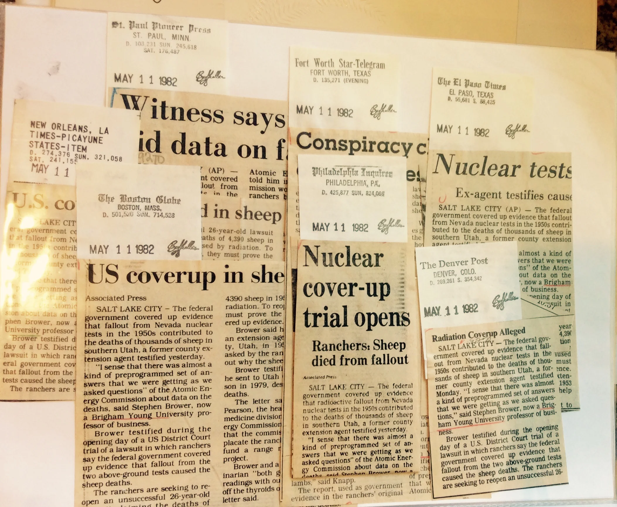 Press clippings from around the nation Brower saved in his files.