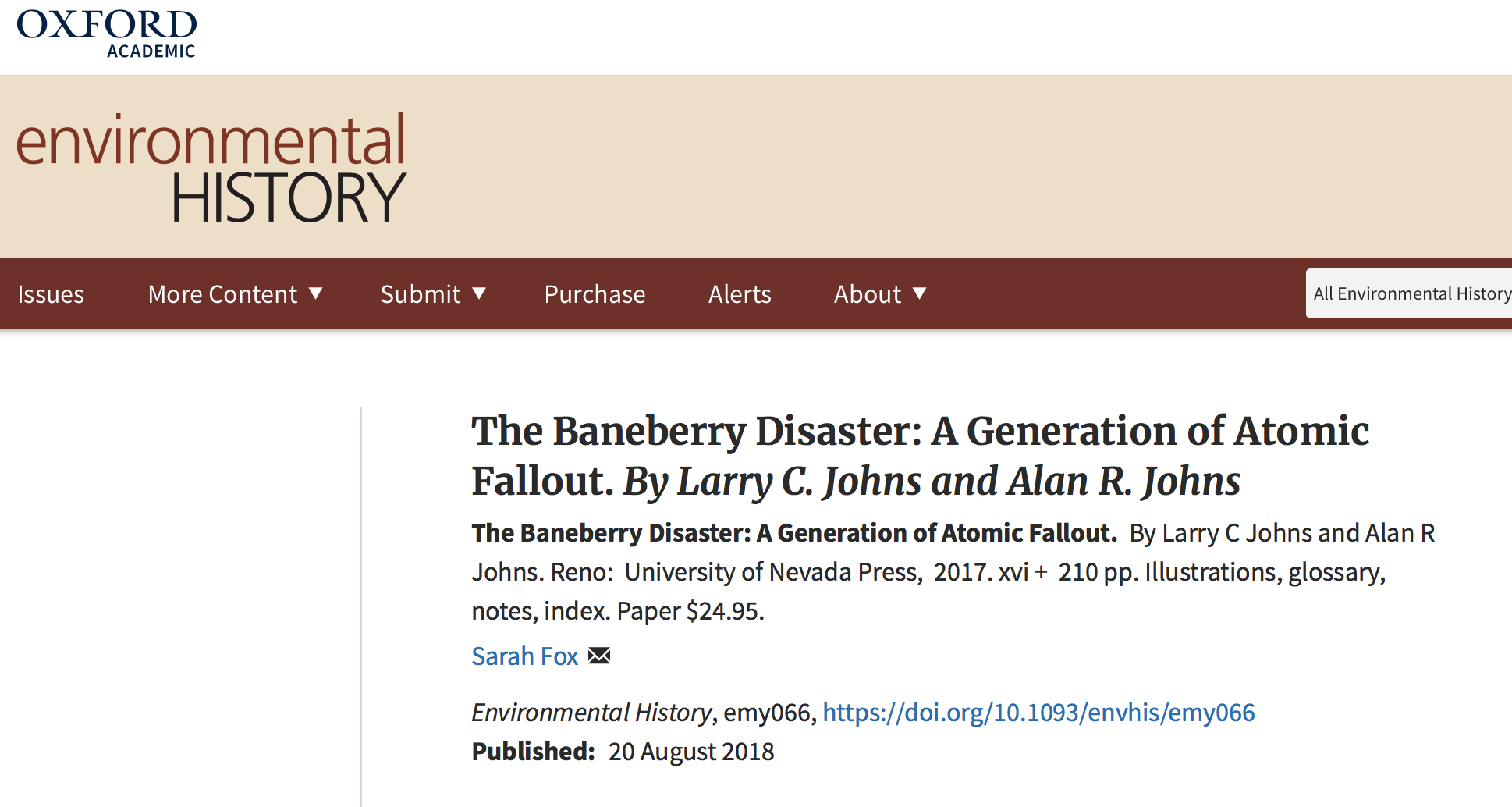 Book Review by Sarah Fox published by Oxford journal of Environmental History 