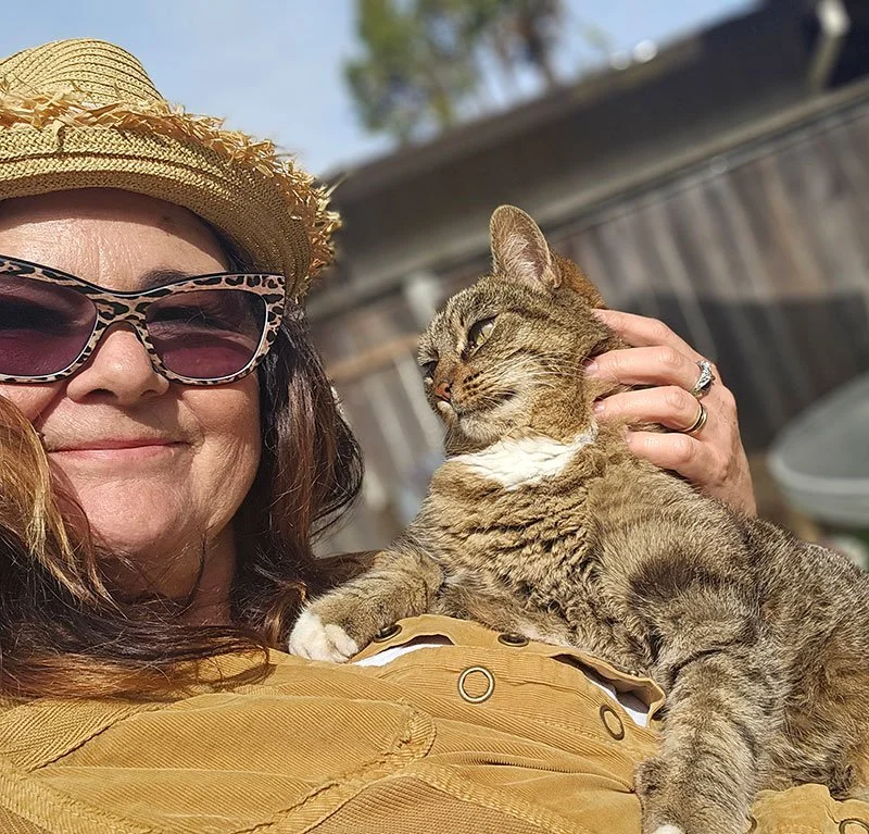 Hilary Pillette with her outdoor cat, Nermal