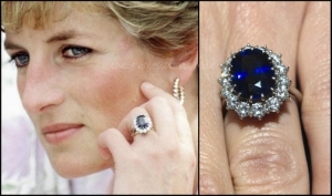 Princess Diana with her 18 carat sapphire and diamond engagement ring. Diana chose this ring for a 'commoners price' of $60,00 in 1981 and now resides on the hand of Duchess Kate.