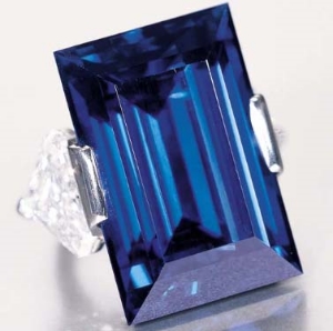 The Rockefeller Sapphire. Rectangular cut sapphire weights approximately 62.2cts. This famous blue baby was originally purchased by John D. Rockefeller in 1934. The Rockefeller Sapphire has been bought as sold at auction a handful of times, most recently going for over $3million to a private collector.