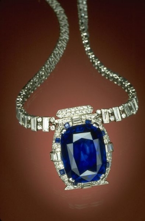 The 98.57-carat Bismarck Sapphire is mounted in a platinum necklace designed by Cartier, Inc., set with 312 baguette and round brilliant cut diamonds and accented with 8 square-cut sapphires. The necklace is named after its donor, Countess Mona von Bismarck, an American socialite who married German Count Eduard von Bismarck in the late 1930s. She donated the necklace to the Smithsonian in 1967, and it is on display in the Gem Gallery at the National Museum of Natural History. 