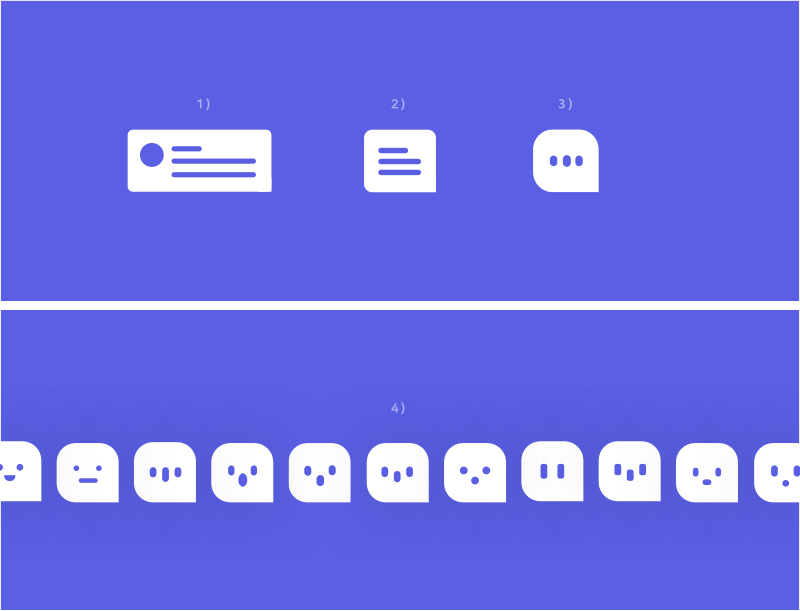 1– 3) Progression from notification to an app icon. 4) Exploring personalities for the app icon.