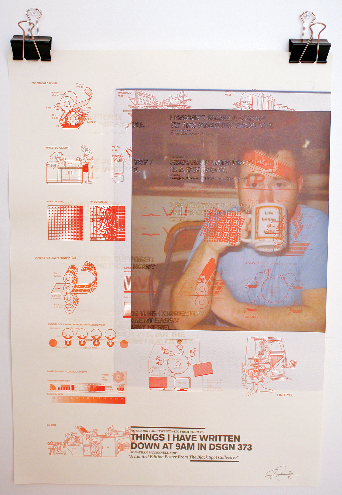 Scanned self-portrait, large format Epson print, with screen printed clear thermographic lettering.