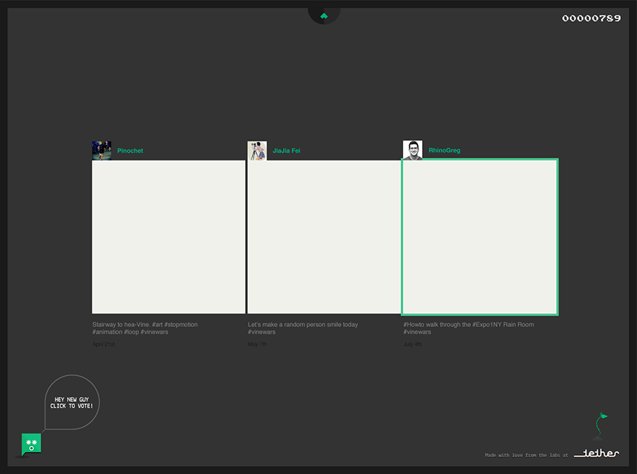 Play screen, three Vine posts at time with a js switch to play on pointer rollover