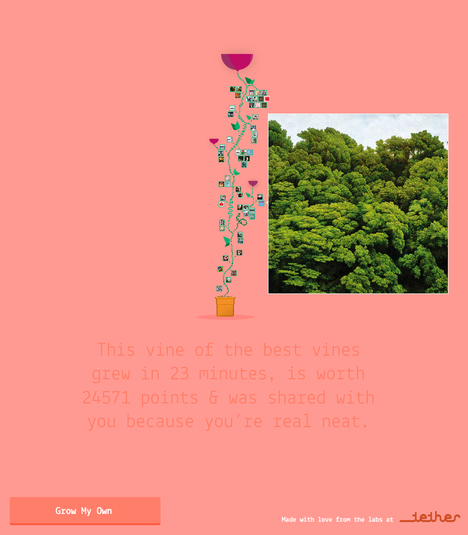 A finished and shared vine populated with thumbnails from a round. We got the vine to actually grow dynamically during gameplay, pulling the winning thumbnails in from the ones chosen by the player.