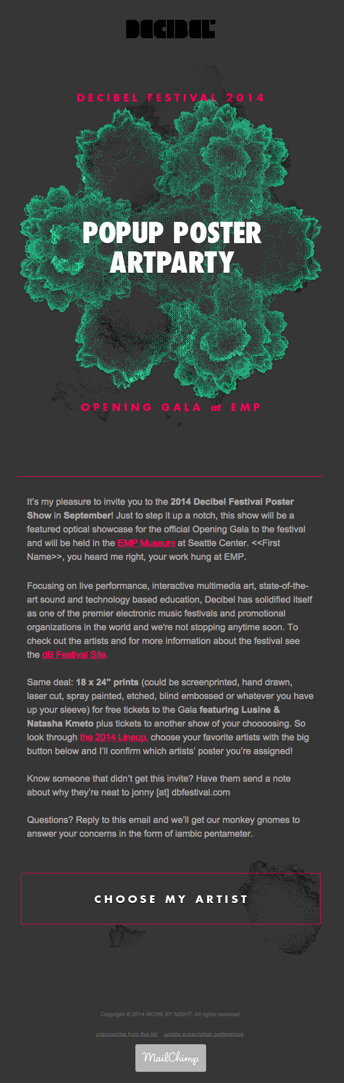Invitational for 2014, with merge tags used for participants paired with their artists. Automating the heavy lifting makes the operational side of event planning a breeze.