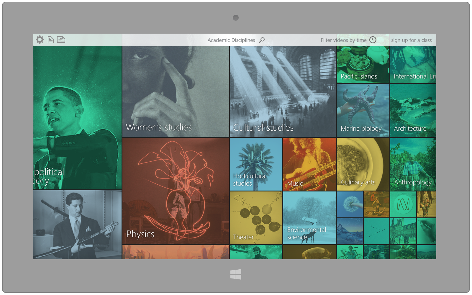 There is a pinch & zoom mechanic that works from the top category tiles down to the granular class lecture level. This student dashboard contains an overview of classroom analytics, shared calendaring, homework reminders, workgroup chat, lecture recap and document binder.