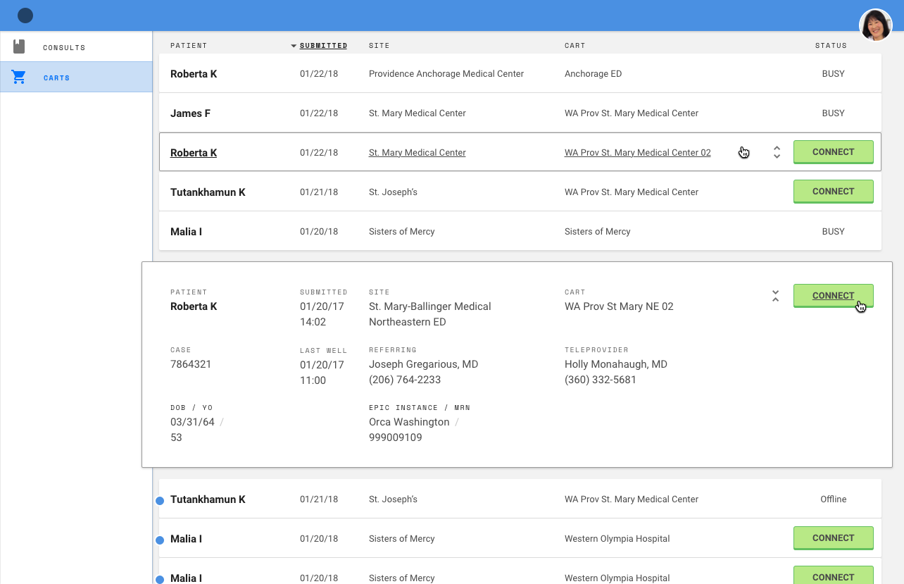 Telestroke dashboard for centralized management of session requests and hardware connectivity with partial Epic api integration for patient records.