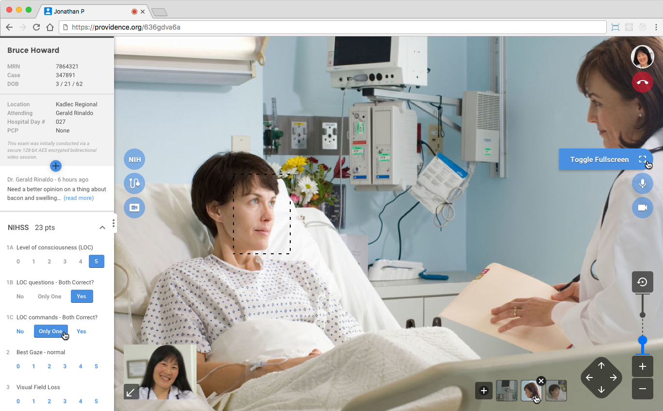 Provider view of video service from a cart situated in an patient's room. Clockwise from the top left: Patient information card with NIH stroke scale tool, provider account, audio/video controls, remote camera controls, saved xyz view positions, self view, on cart tool controls. We did a facial detection prototype during one of the group's hackathons.
