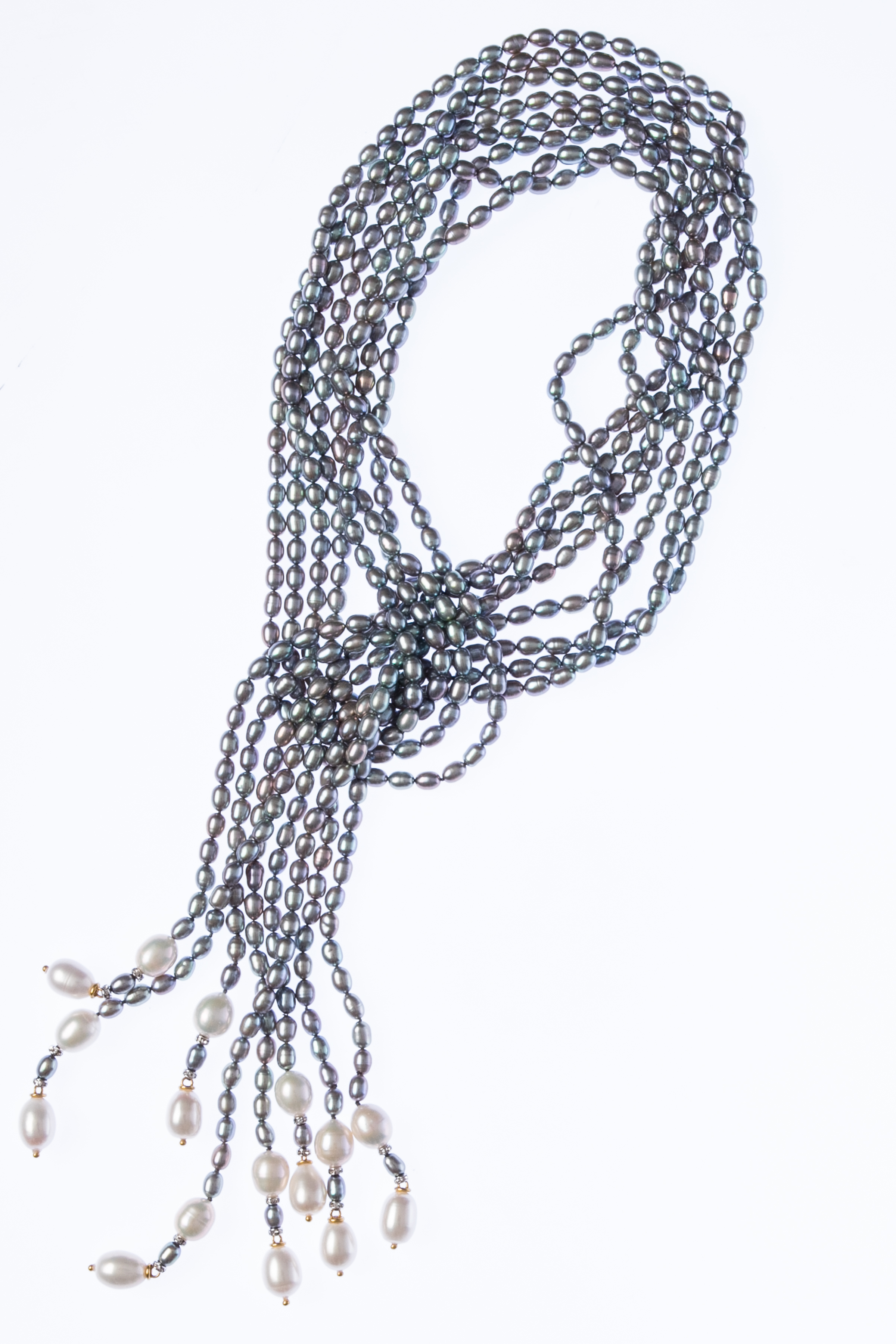 Multi-Strand Pale Grey Pearl Lariat Necklace