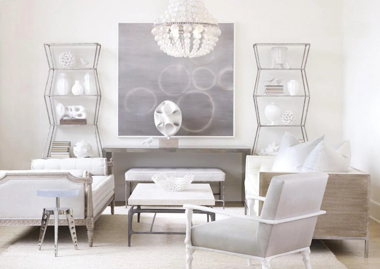FROST ROOM FEATURING: Hamish Daybed , Astro Shelf in antique silver & white gloss shelves, Ariel Chandelier , Ray Cocktail Table , Jonathan Bench (click thumb or title)