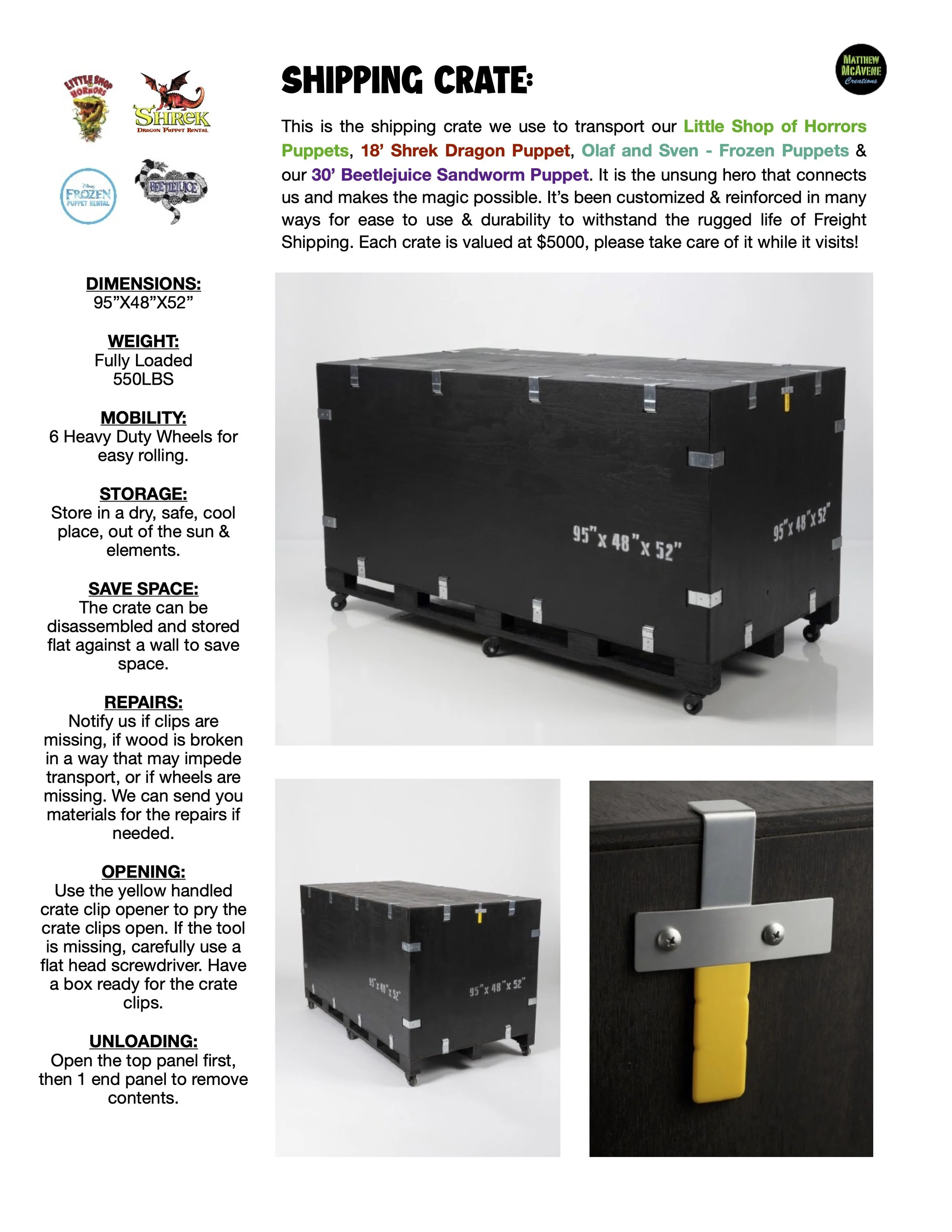 Shrek Dragon puppet shipping crate dimensions and specifications