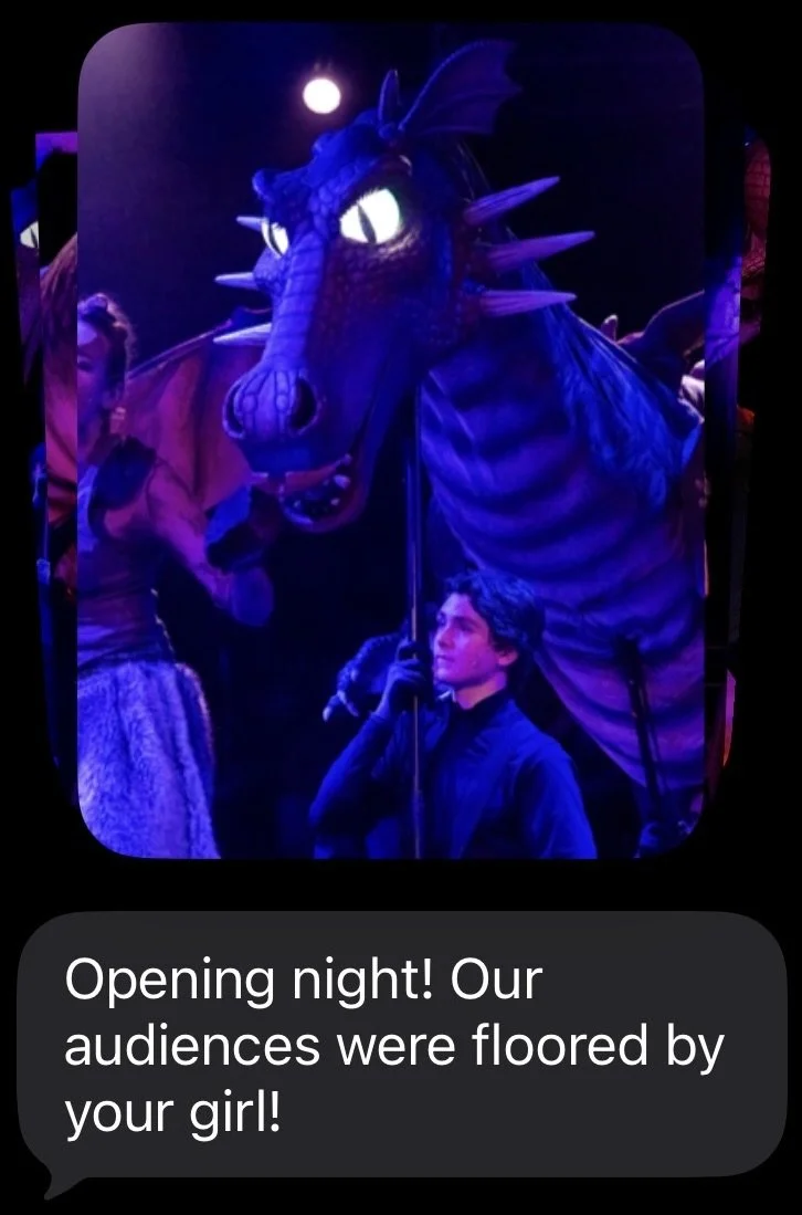 Screenshot of a client message reading: "Opening night, our audiences were floored by your girl!"
