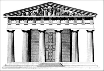 Diagram of a Doric temple, showing pediment, metopes, and triglyphs