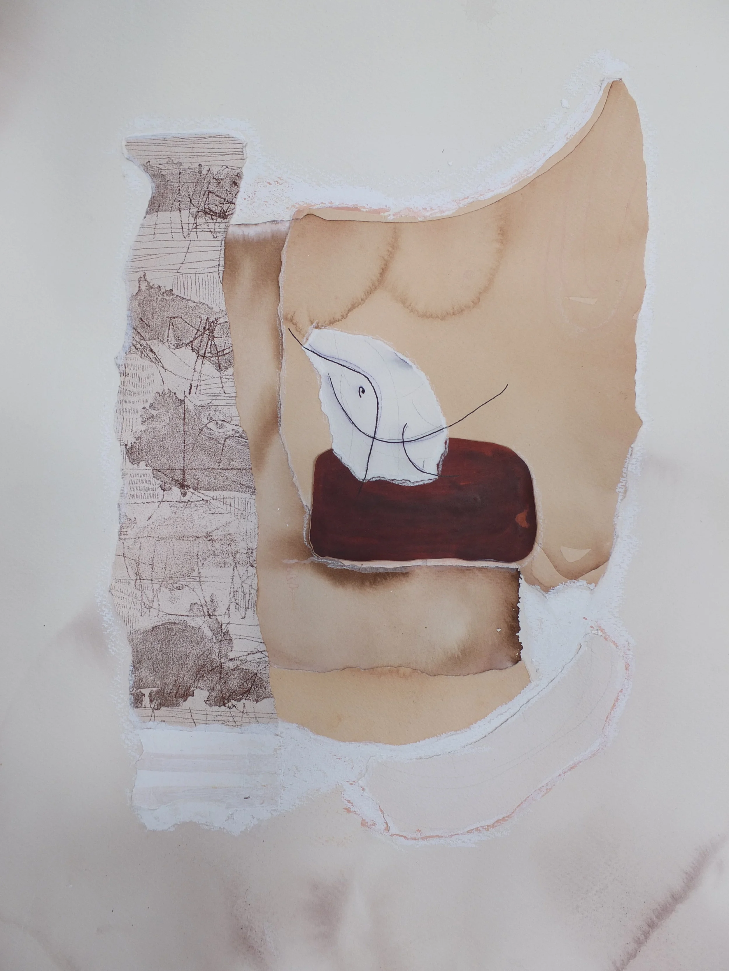 No More, All Gone (dried up), 2017. Etching, pen, pencil, crayon, gouache, watercolour and collage on paper. 67cm x 88xm, framed in Tasmanian oak. $950~