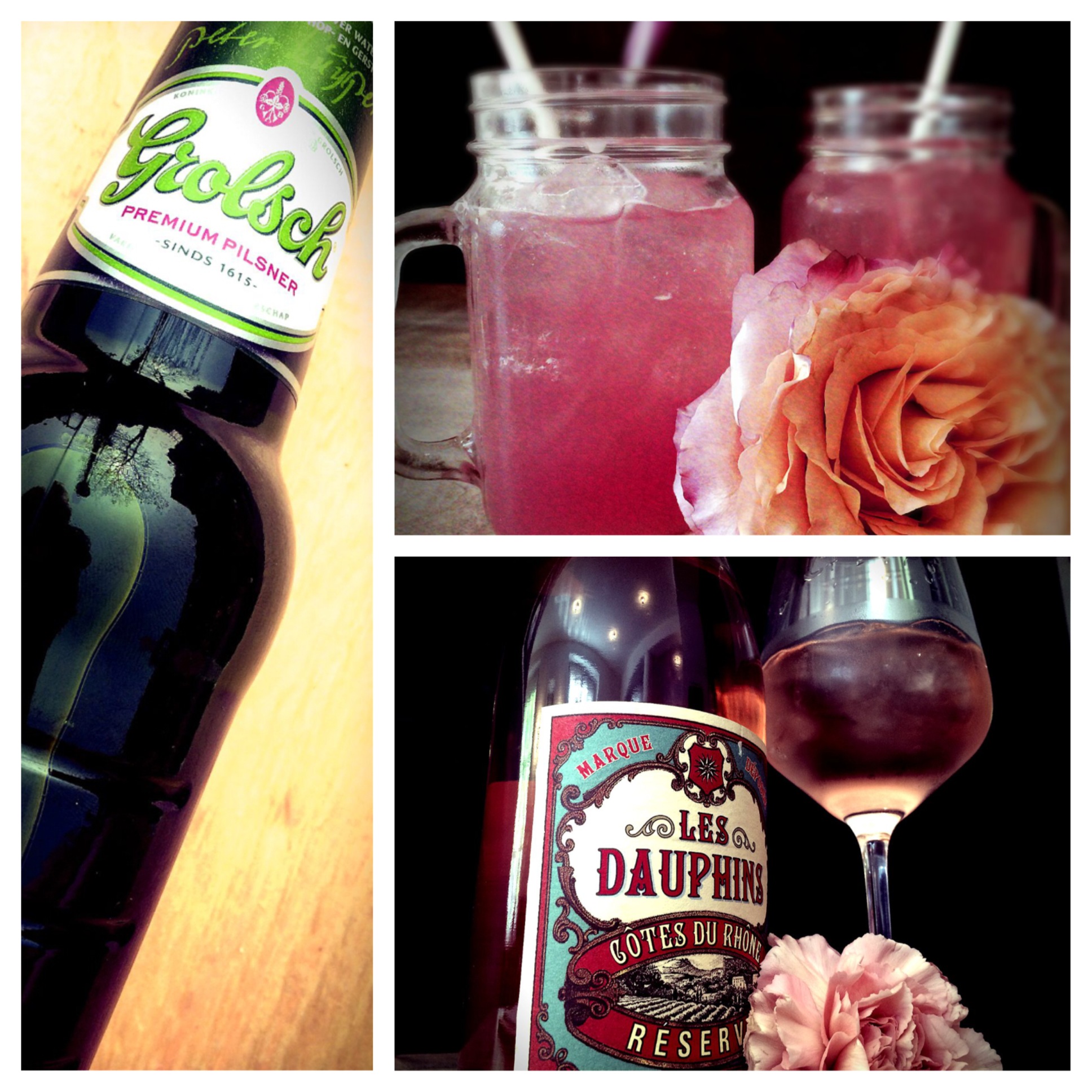 Unser Sommer-Trio - Grolsch in der schönen 30cl Flasche - "Rosi" hausgem. Rosenlimonade - Les Dauphines Rosé Côtes du Rhône Auf euer Wohl