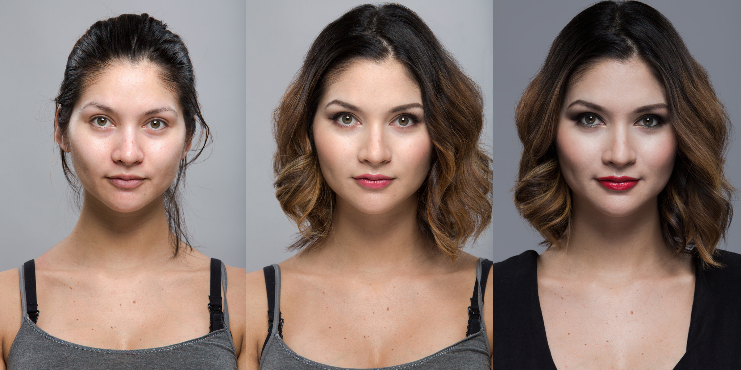Before and after photos of Dina. Comparable lighting was used in all photos to faithfully reflect the makeup application. Photography: Geoff Jones (www.threevisual.com.au). 