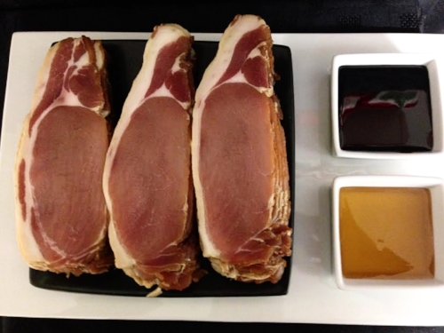 Free range oak smoked back bacon. This has been dry cured then marinated in molasses and honey before being smoked in our new smokehouse.