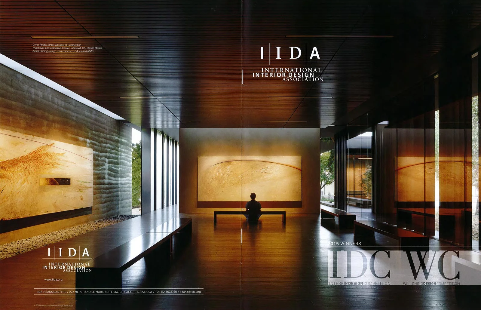 The rammed earth Windhover Contemplative Center featured on the front and back cover of the awards catalog for the 2015 International Interior Design Association's Interior Design Competition.