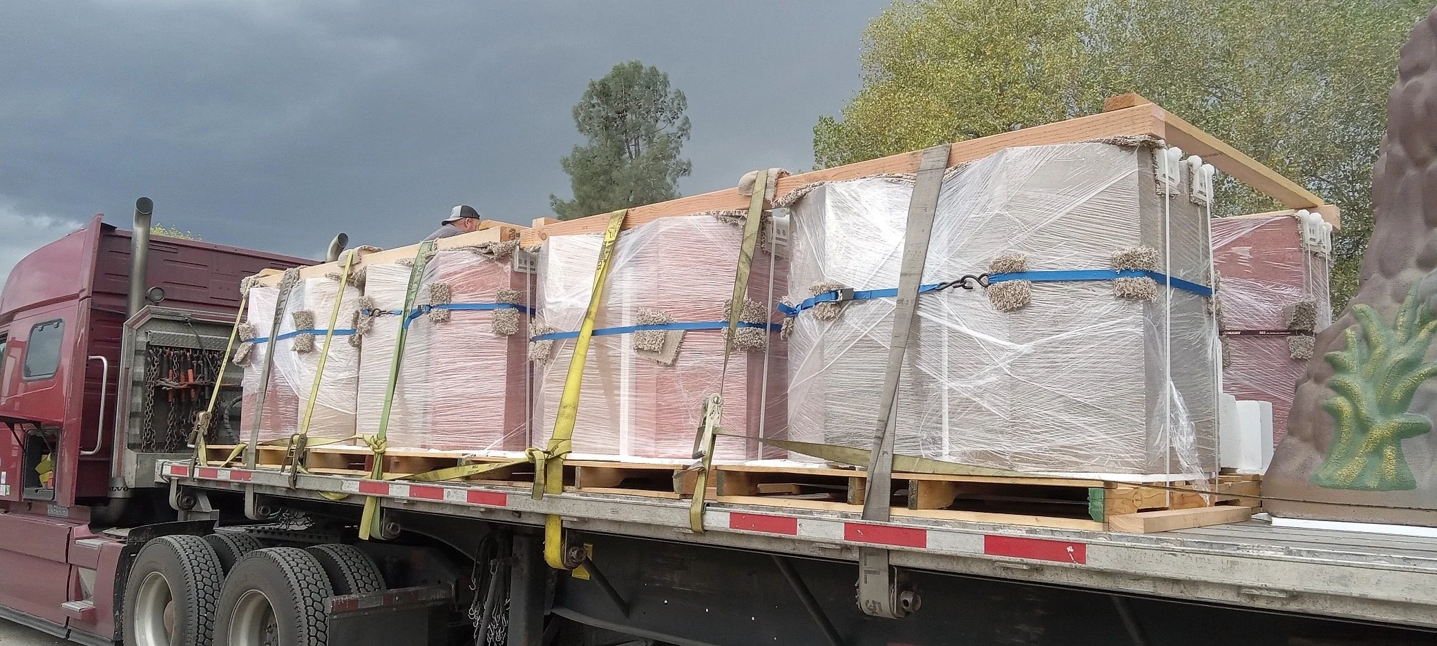  This project had many restrictions during transport, as every edge was delicate. You’ll see that none of the straps are touching the edges of the bases. Carefully packaged, these pedestals were sent on a team drive to make it to location before the 