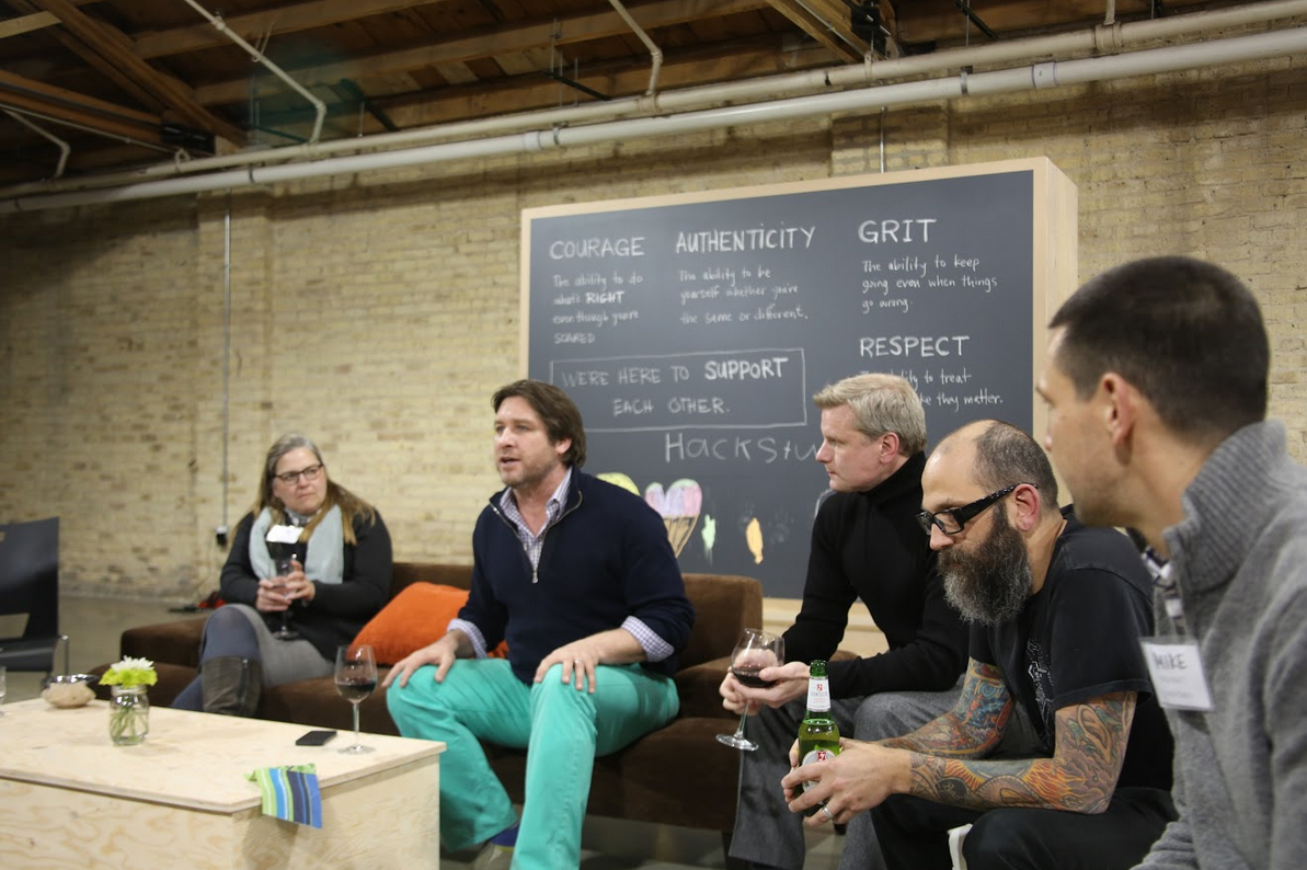 (L to R): NU engineering professor Amy O'Keefe , designer Christian Long , architect Martin Klaeschen , computer science teacher Jeff Solin and Hackstudio founder Mike Meiners .