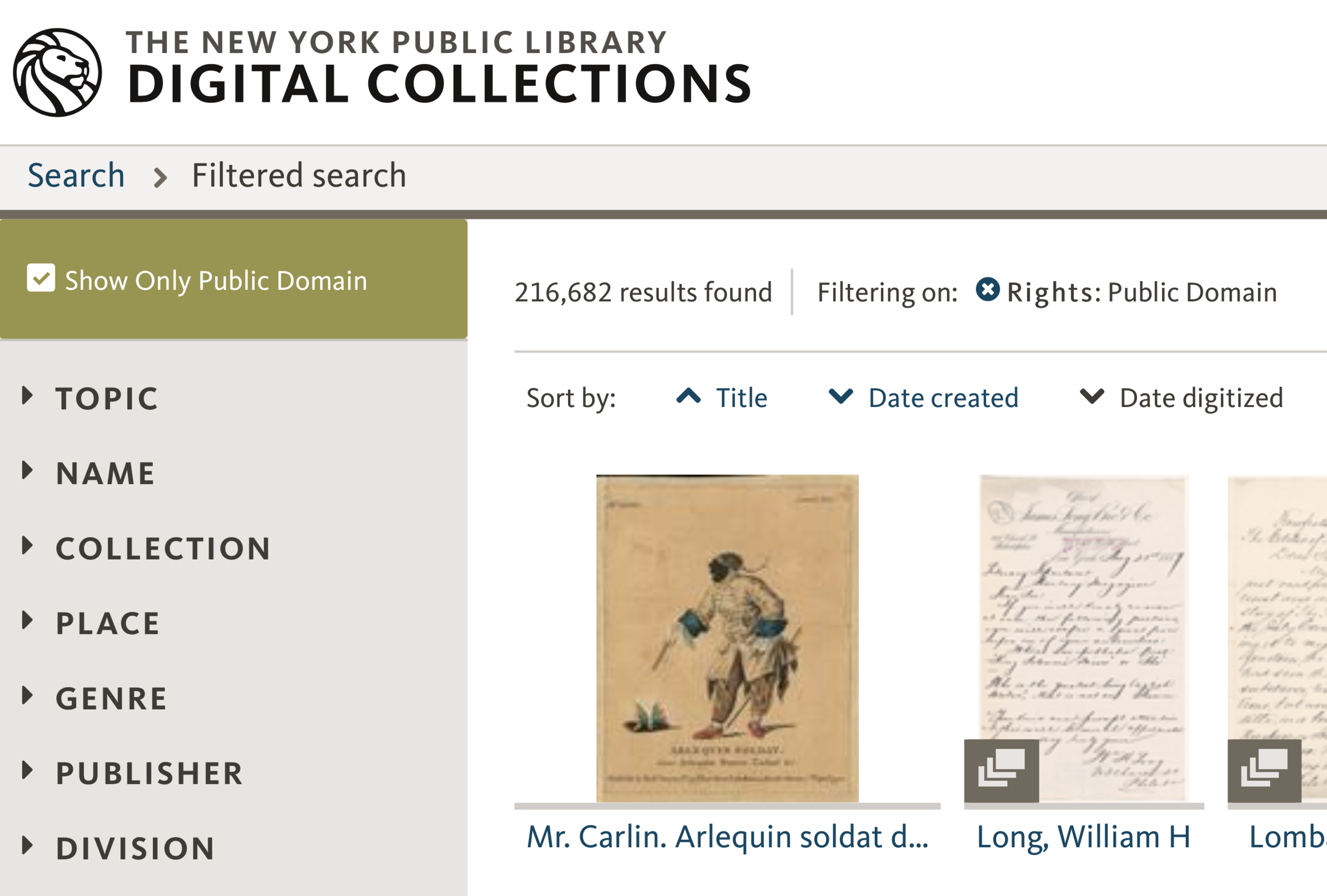 Most digital collections will contain public domain works. Filtering by license type can help you find them. 
