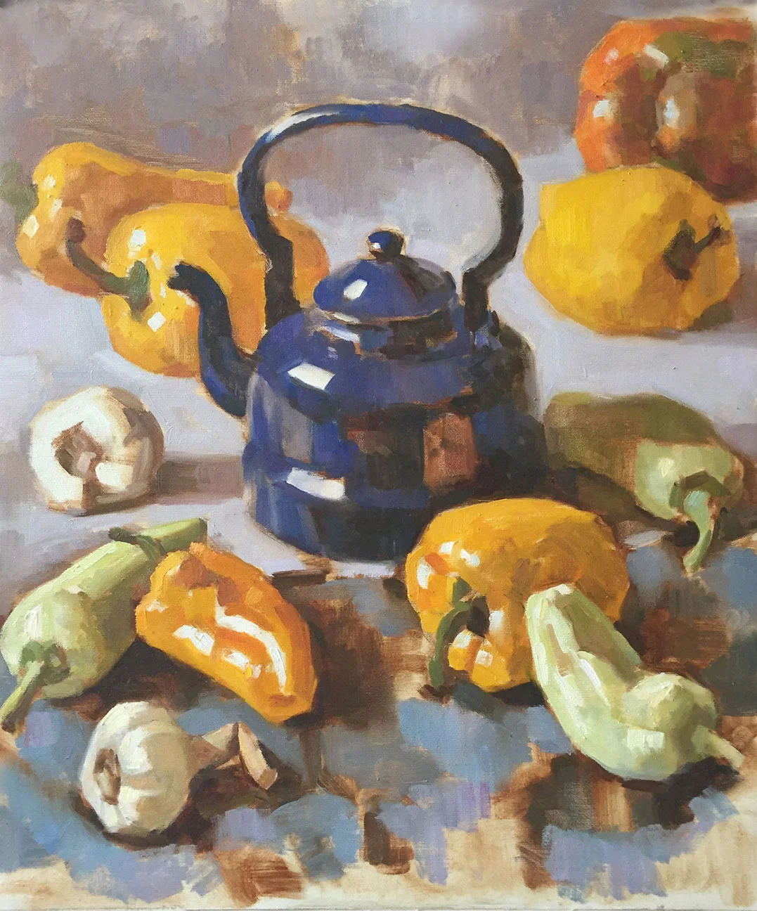 Blue Kettle with Peppers and Garlick Oil on canvas 50 x 60 cm 2017