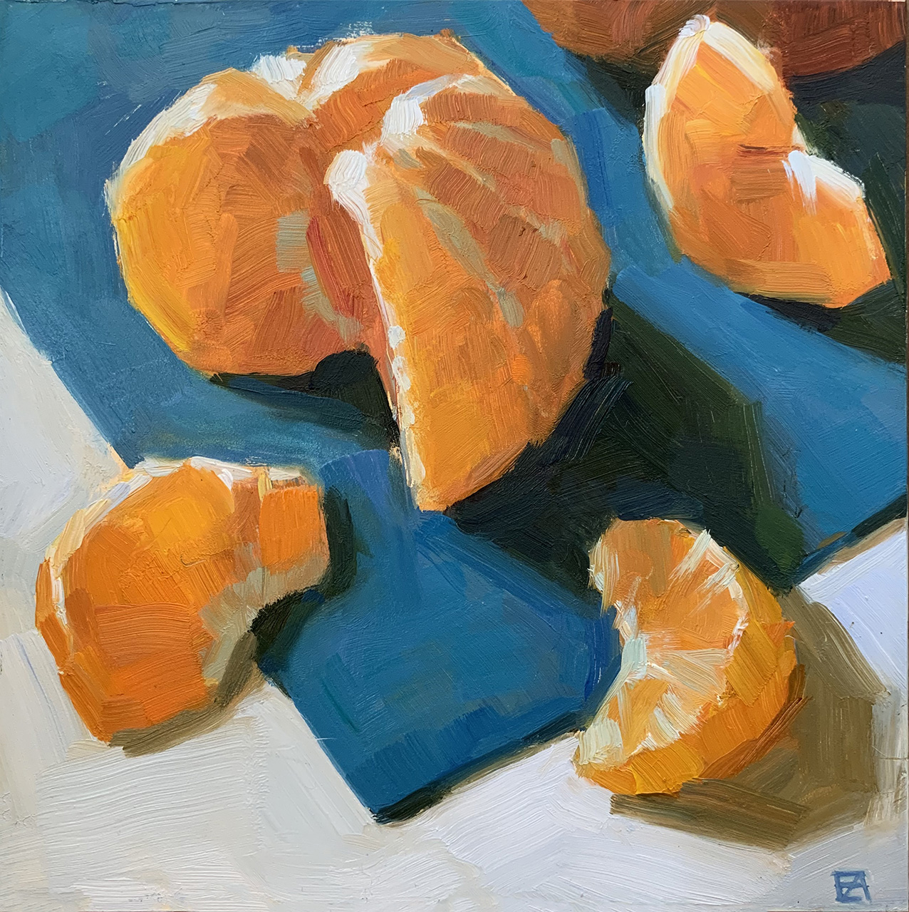  Mandarin and slices.    Oil on board 20 x 20 cm    2019  