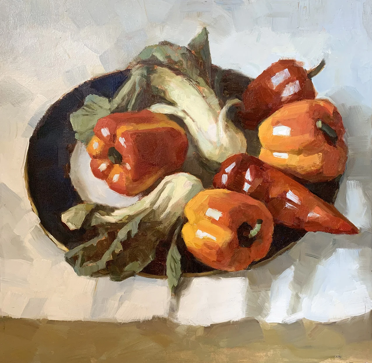 Red and Orange Peppers on the Plate. Oil on Cardboard 51 x 51 cm 2019